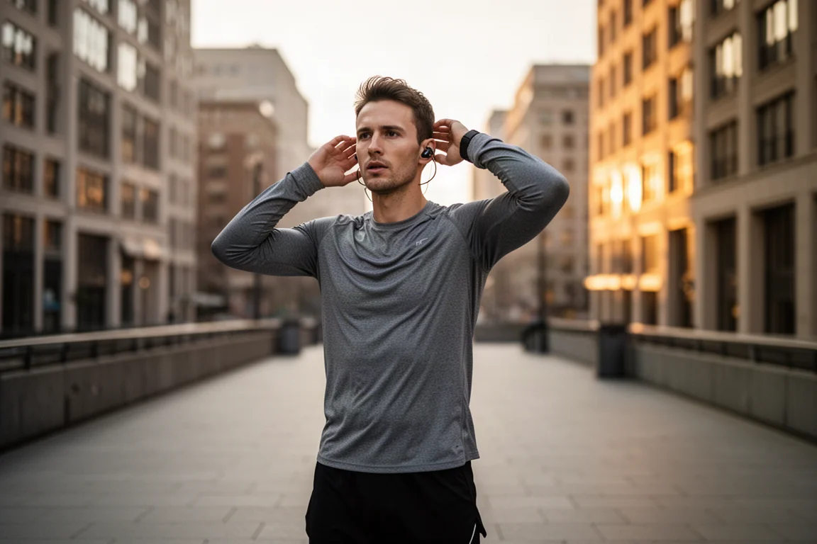 Un runner regola le cuffie open-ear prima di una corsa mattutina