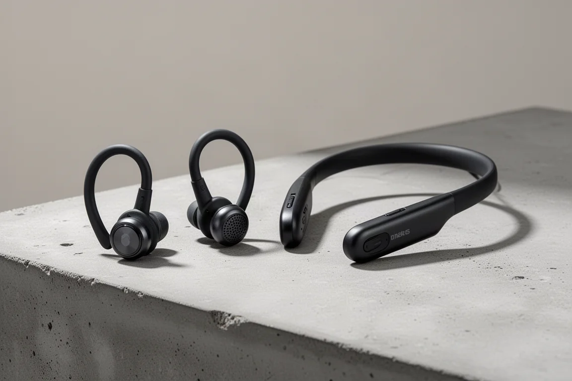 Due paia di cuffie open-ear per la corsa affiancate sul cemento