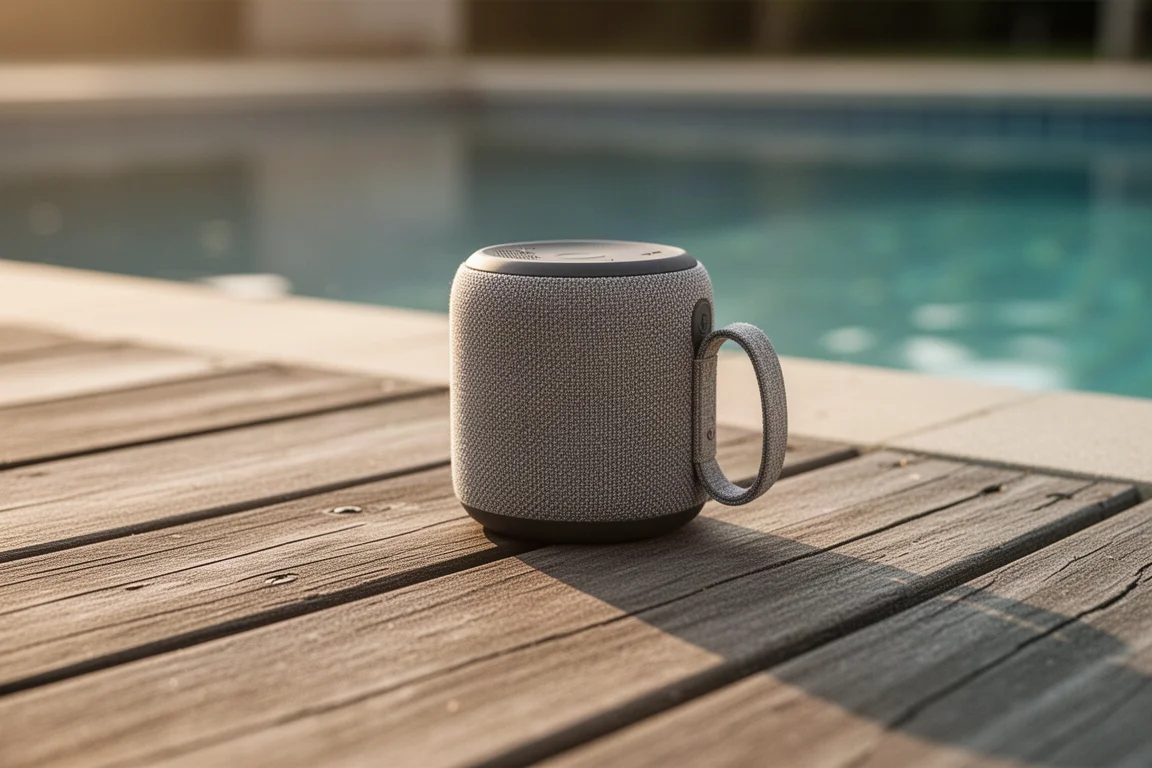 Kompakt bärbar Bluetooth-högtalare på ett trädäck bredvid en pool