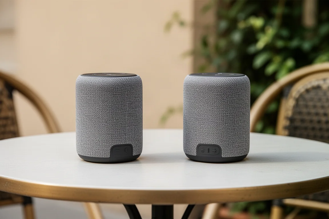 Två bärbara högtalare parade i stereo på ett utomhusbord