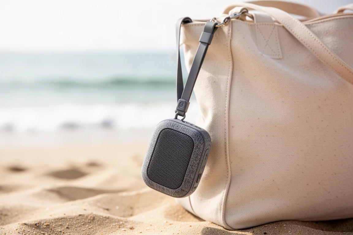 Person bär en bärbar högtalare i dess rem under en utflykt till stranden