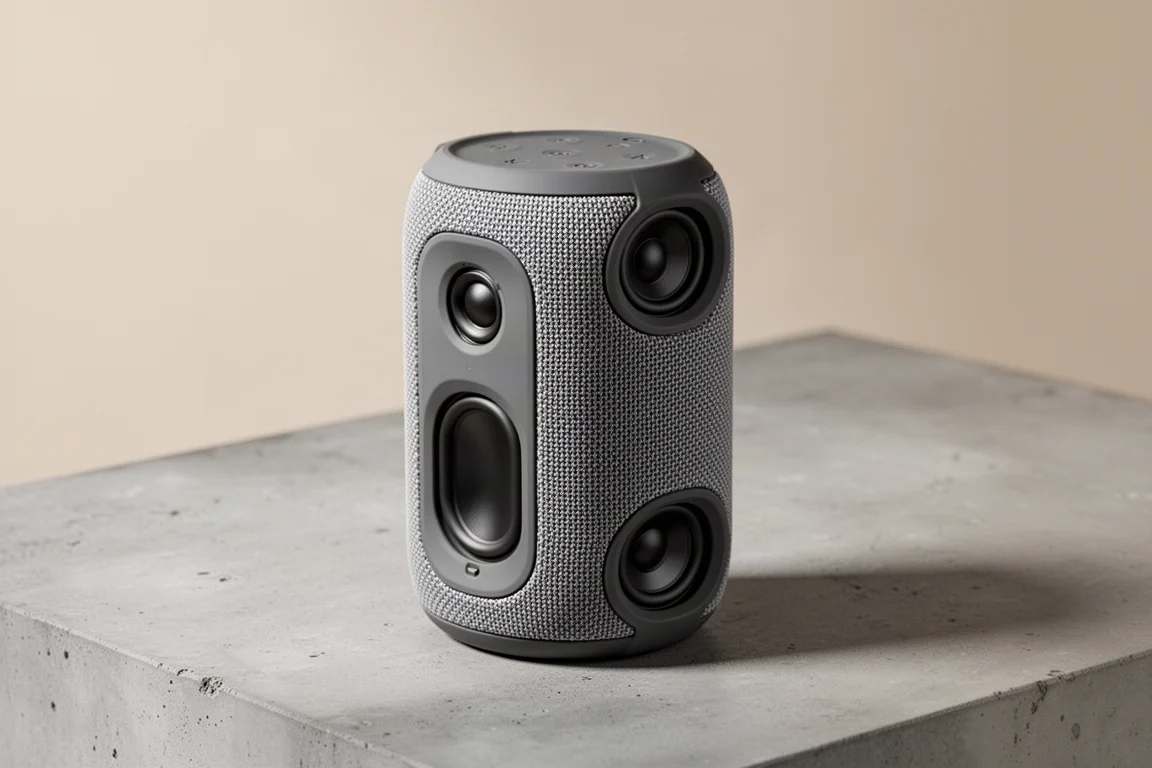 Compatto speaker Bluetooth portatile grigio rivestito in tessuto su una superficie di cemento