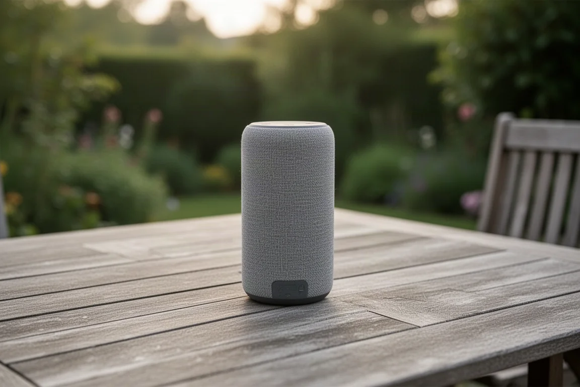 Enceinte Bluetooth portable posée sur une table de terrasse en pleine lumière douce