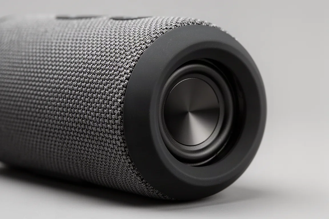 Gros plan sur les pieds caoutchoutés et le radiateur passif d'une enceinte portable