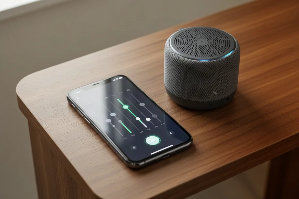 Smartphone affichant l'interface d'égaliseur de l'application compagnon d'une enceinte sur un bureau