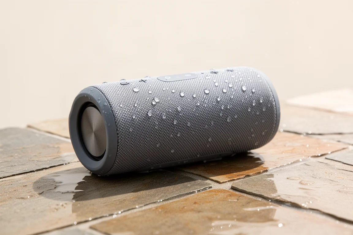 Enceinte portable au bord d'une piscine avec des gouttes d'eau