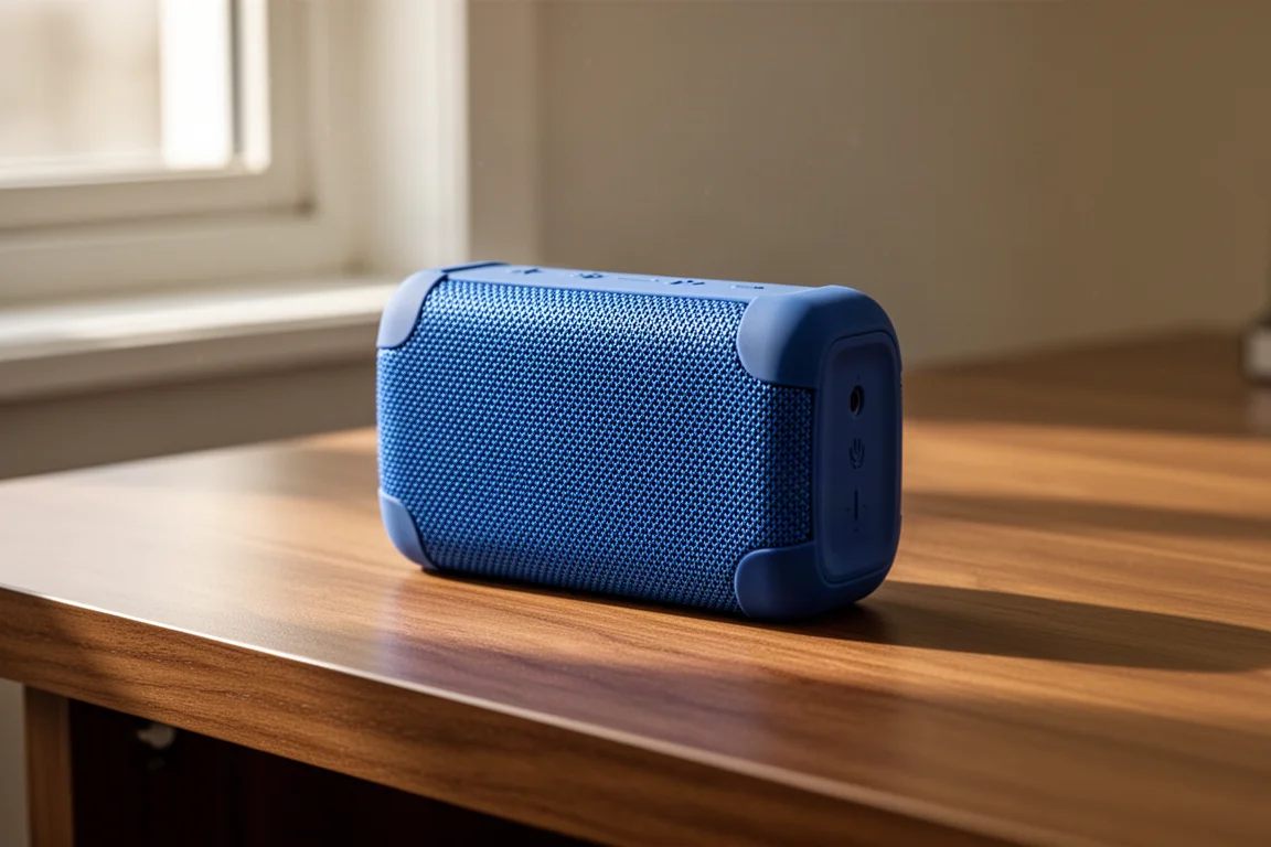 Compact blue Bluetooth speaker sitting on a wooden desk in soft daylight