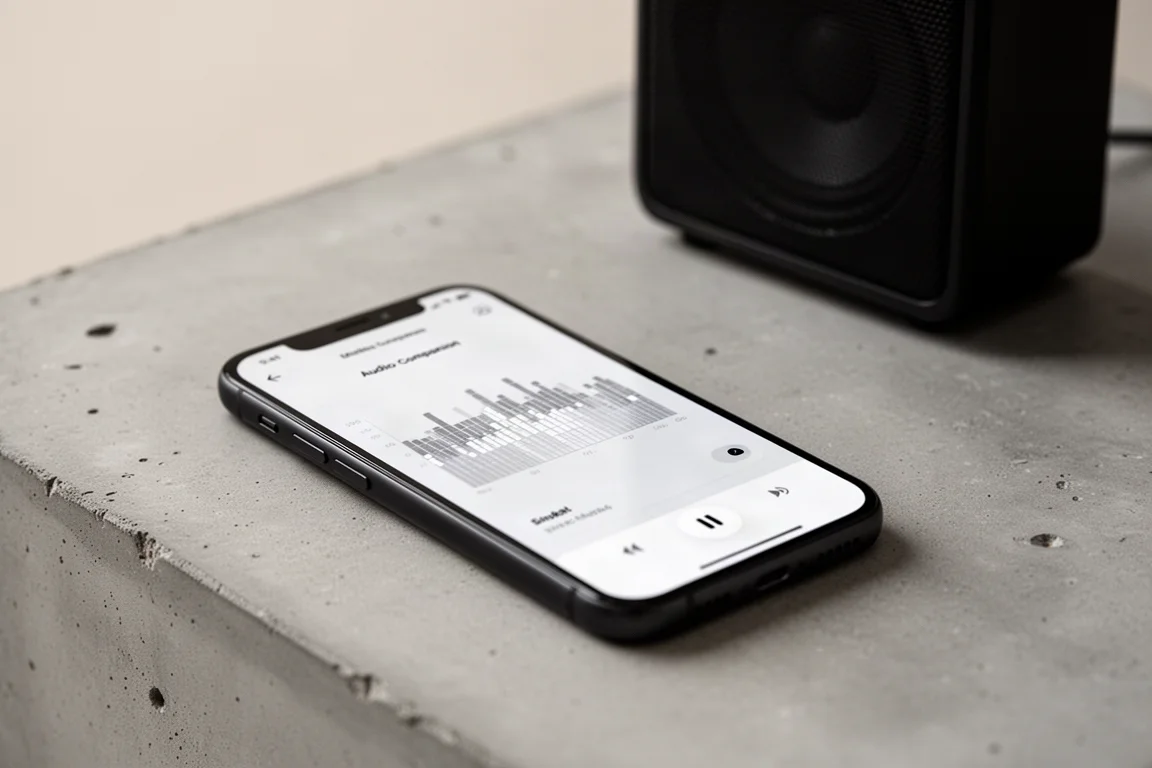 Phone showing a simple speaker companion app interface with equalizer settings
