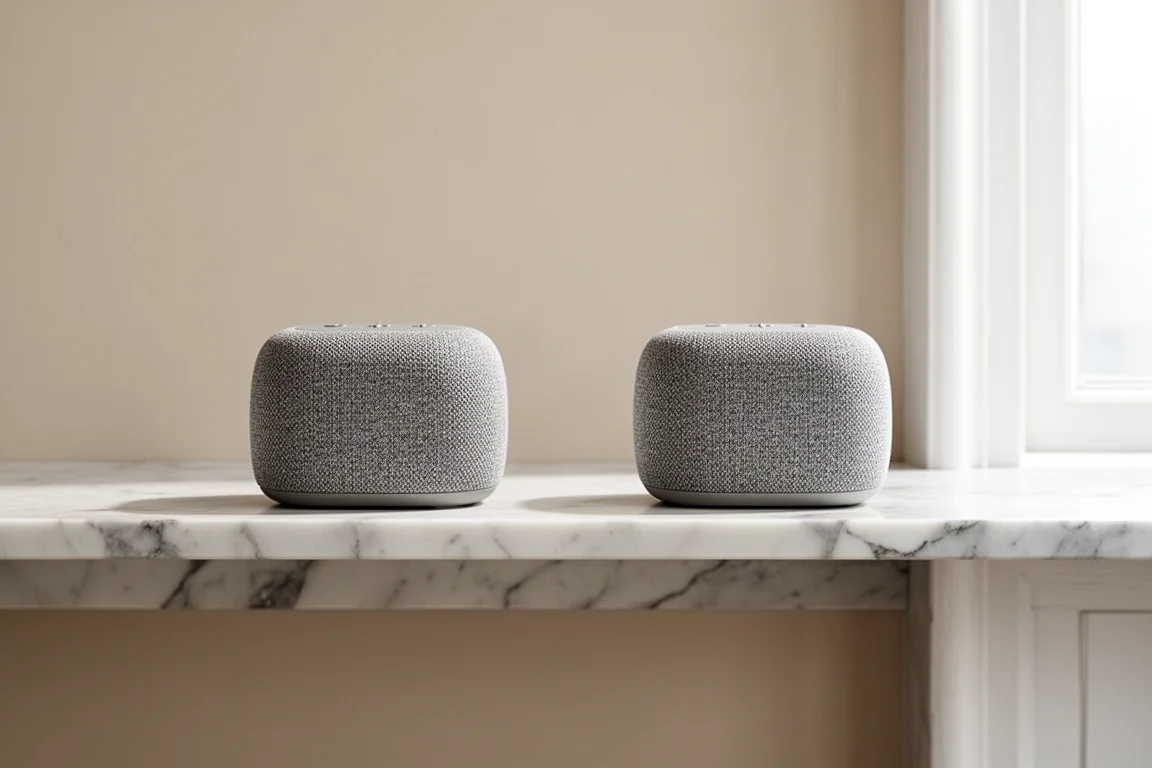 Two small portable speakers placed apart for stereo listening in a bright room