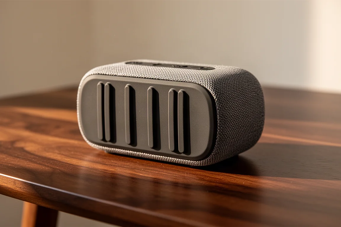 Small portable speaker lying on its back on a table with volume at full output