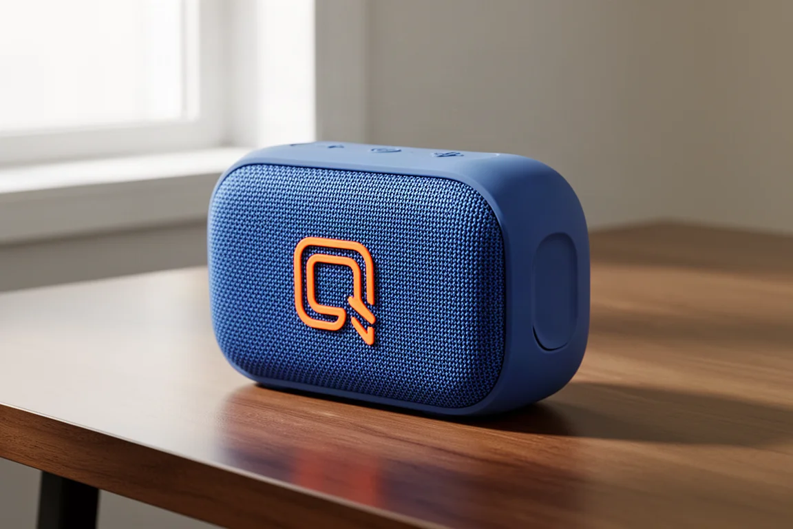 Compatto altoparlante Bluetooth blu rivestito in tessuto su una scrivania in legno