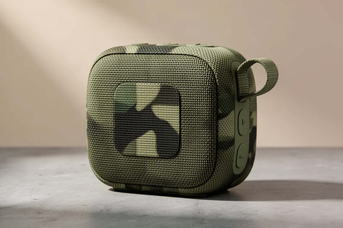 Altoparlante portatile JBL Go 5 in tessuto camouflage su una superficie in cemento
