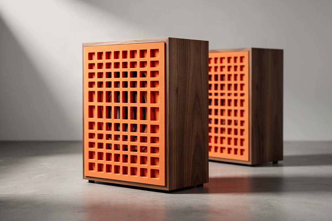 Walnut veneer stand-mount loudspeaker with orange foam grille on a concrete floor