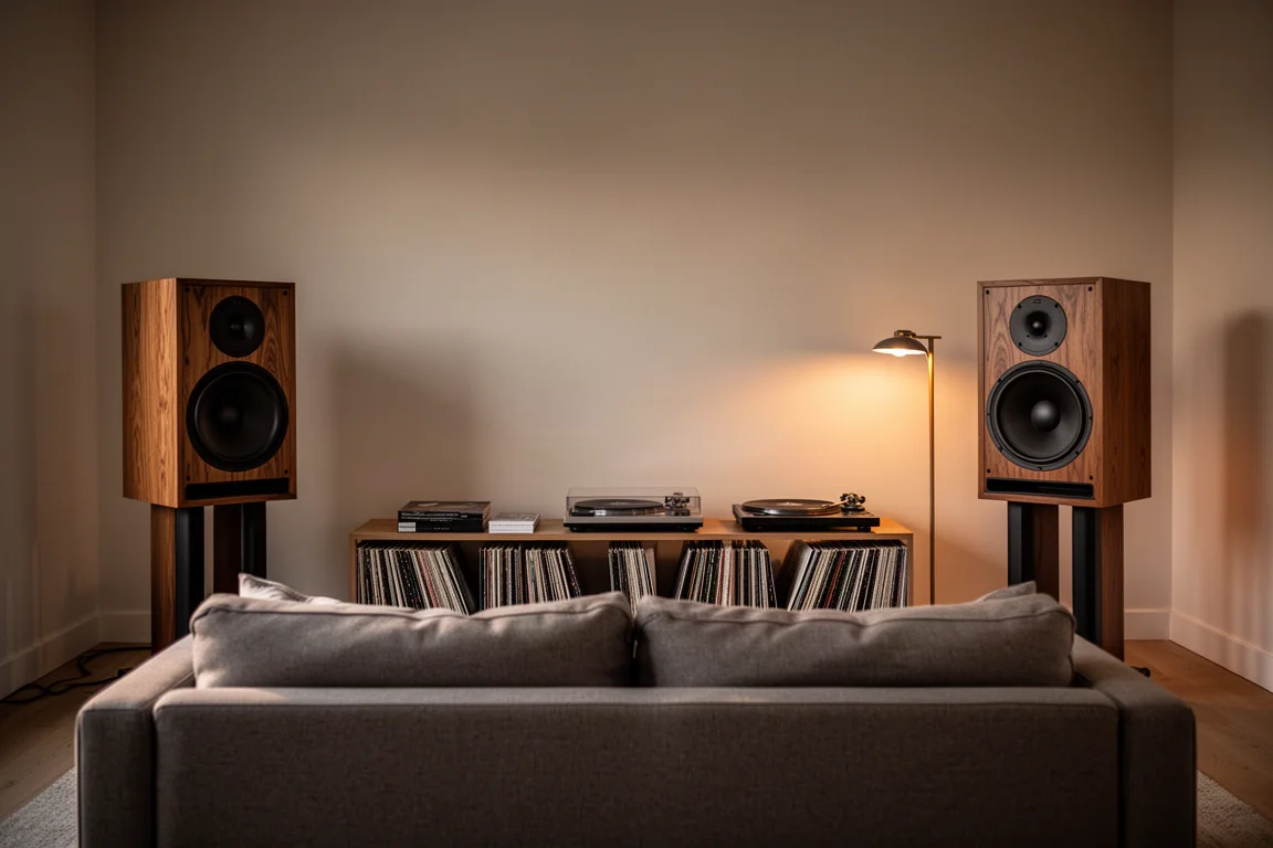 Warm listening room at dusk with large heritage-style wooden speakers and a vinyl shelf