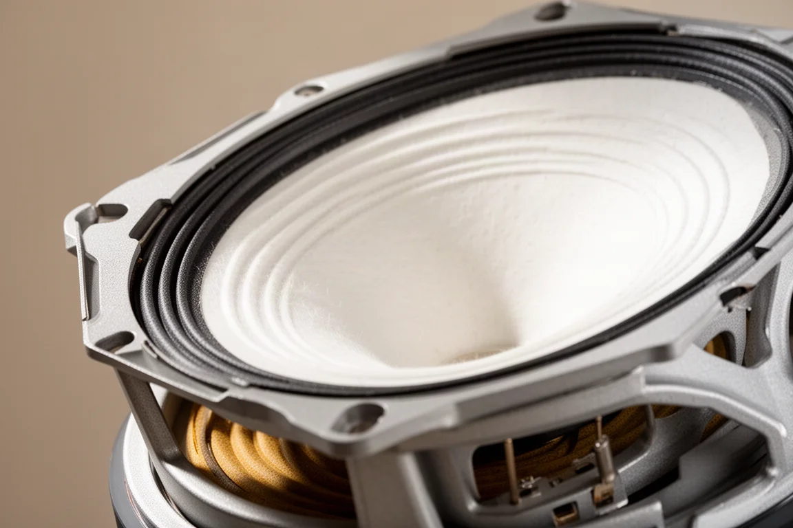 Macro detail of a large white pulp cone woofer and its cast basket frame