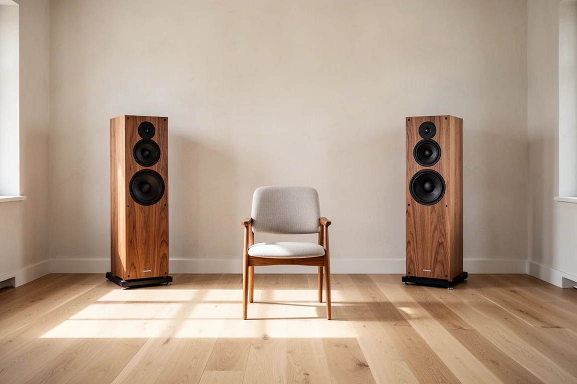 Two wooden stand-mounted speakers placed about two feet from a bright plaster wall