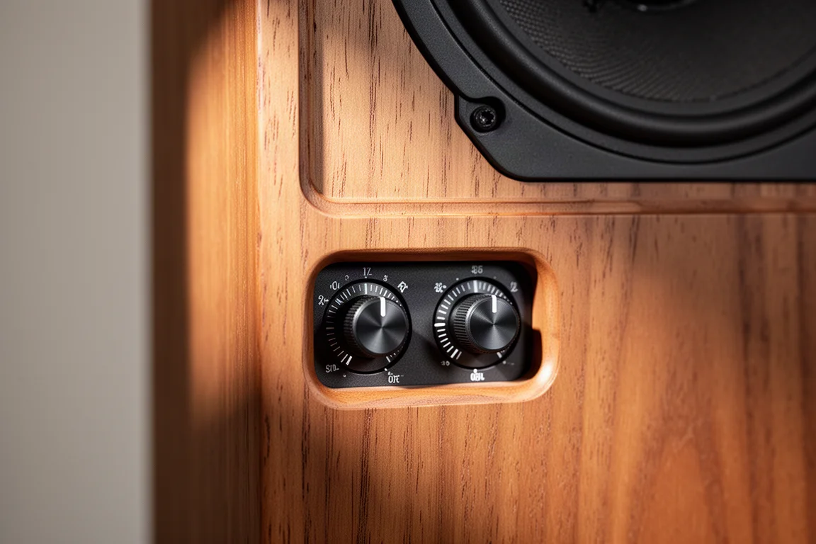 Close-up of tonality adjustment controls on the front baffle of a loudspeaker