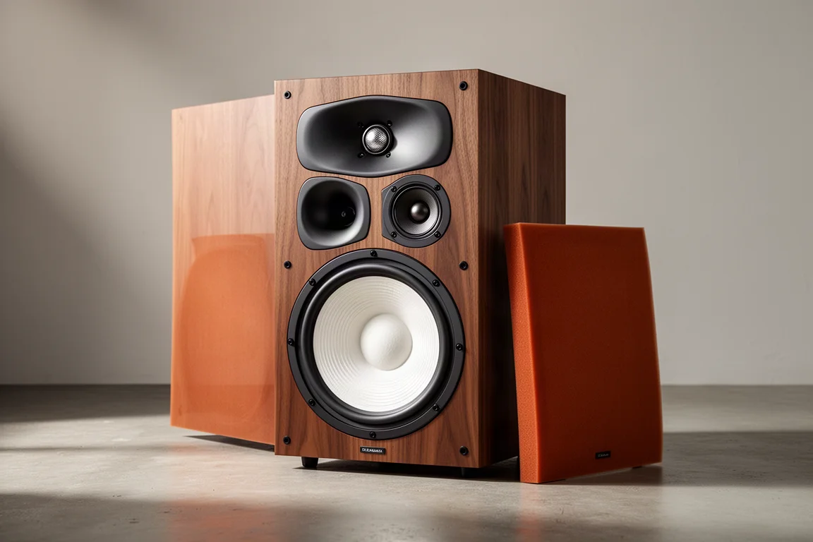 Large three-way wooden loudspeaker with white woofer cones and an orange foam grille beside it