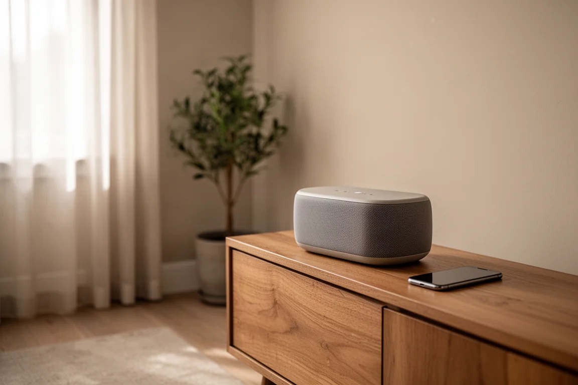 Compact all-in-one speaker op een houten dressoir in een rustige woonkamer met zacht daglicht