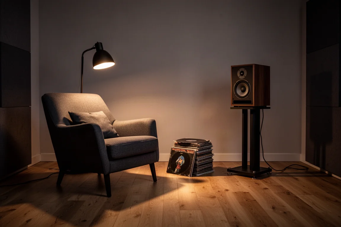 Stille luisterruimte bij schemer met een fauteuil, een speaker op een standaard en vinylplaten