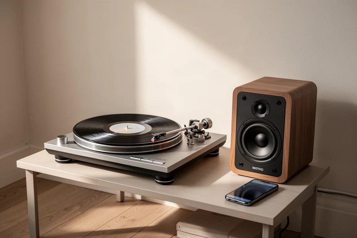 Platenspeler met een draaiende plaat naast een all-in-one speaker in een kleine luisterhoek