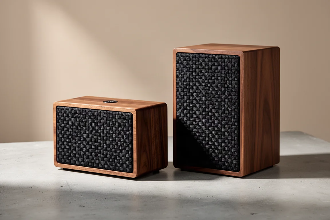 Two all-in-one music systems with walnut veneer cabinets and black quadrex grilles side by side