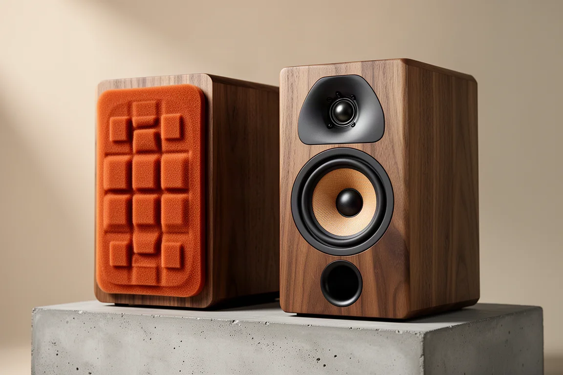 Pair of compact walnut-veneer bookshelf speakers on a concrete plinth, one with an orange foam grille