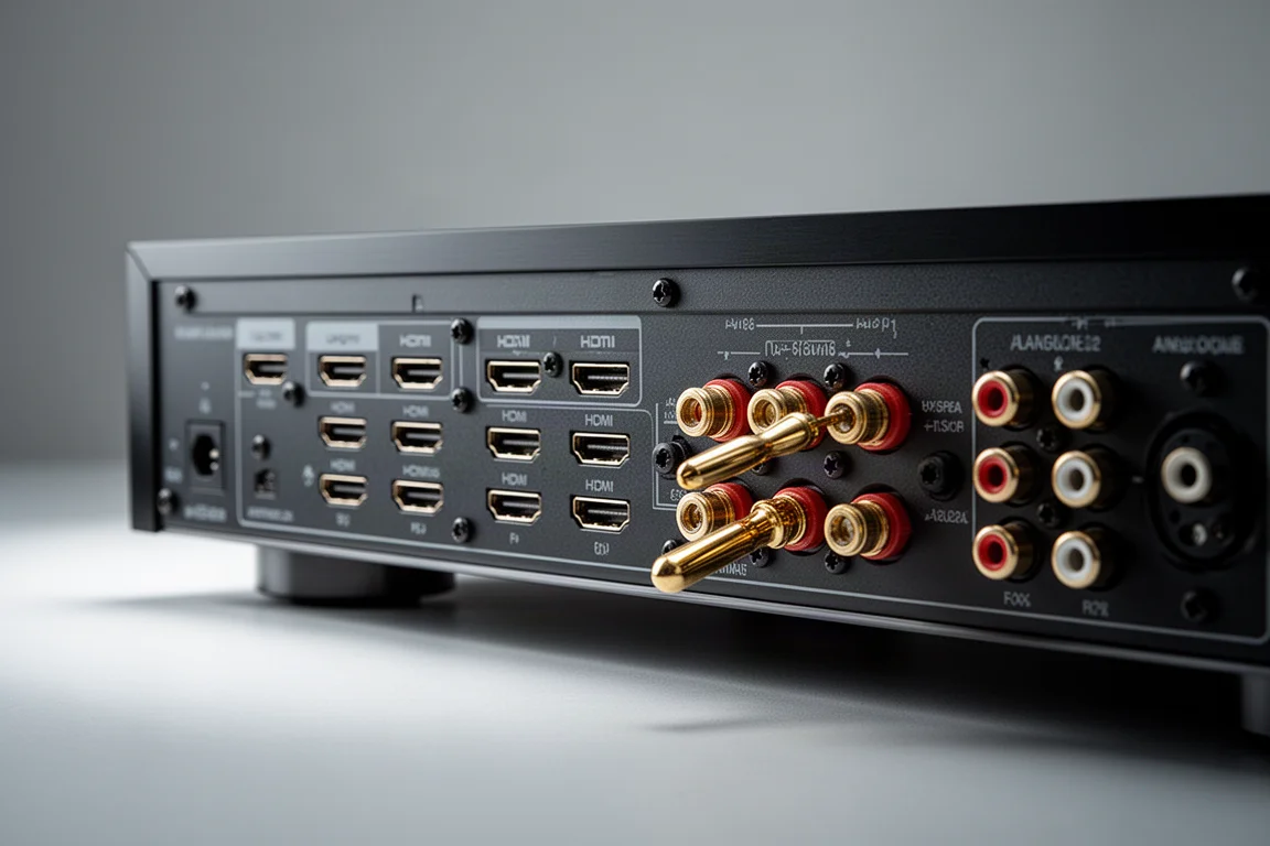 Primer plano del panel trasero de un receptor AV de home theater con puertos HDMI y terminales de altavoz