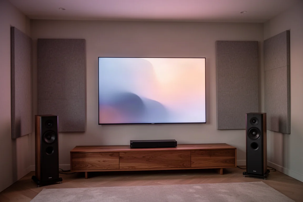 Sala multimedia con poca luz, pantalla grande montada en la pared y paneles acústicos