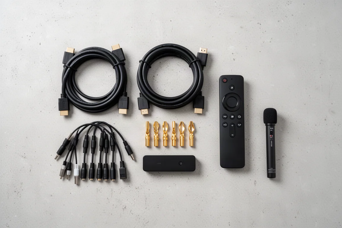 Vista cenital de cables HDMI, conectores banana y un mando a distancia sobre hormigón