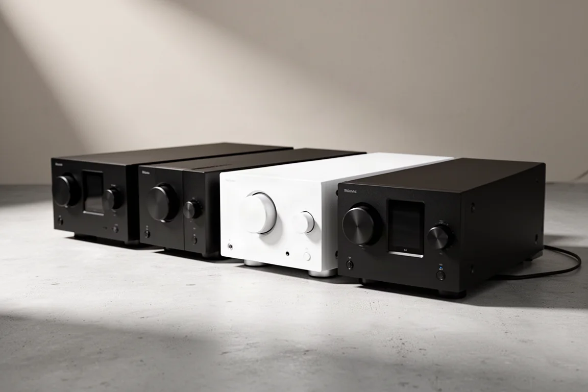 Five JBL MA series AV receivers in black and white finishes arranged on a concrete surface