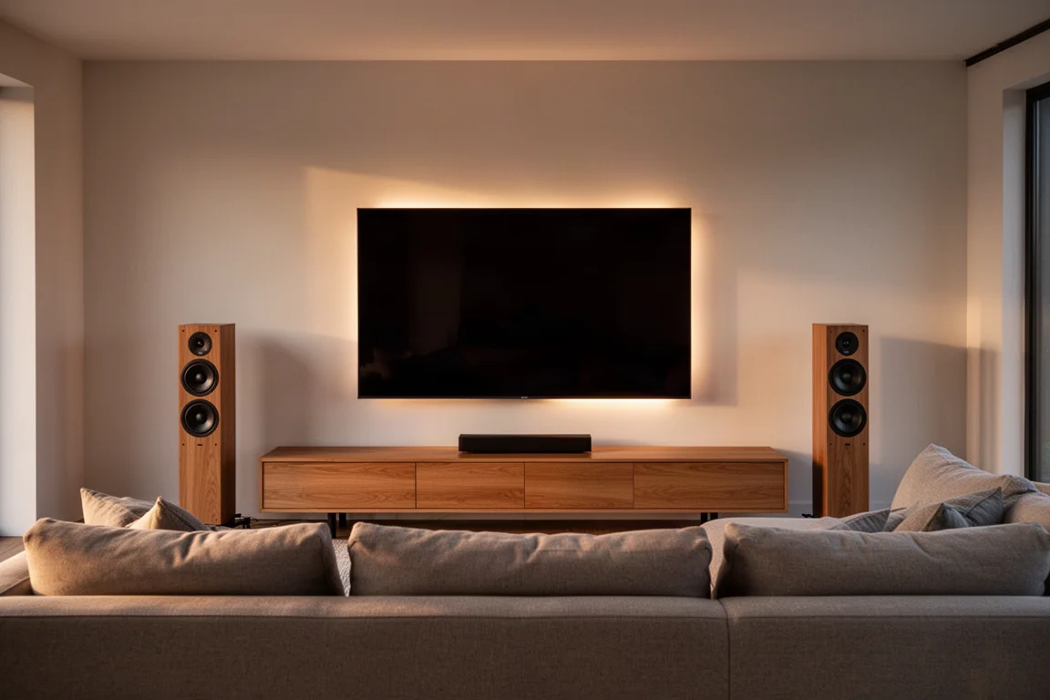 Sala de estar ao anoitecer com TV montada na parede e duas torres ladeando um aparador de madeira