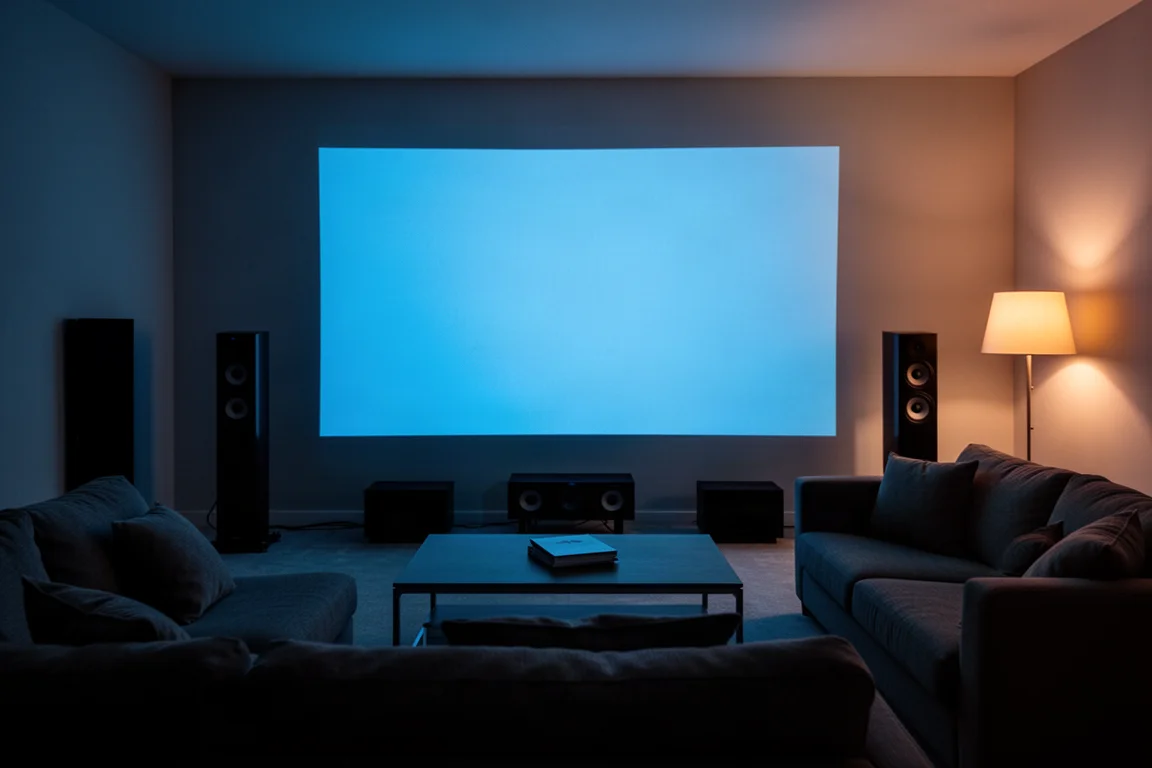 Home theater à noite com tela brilhante, sofá e silhuetas de caixas acústicas