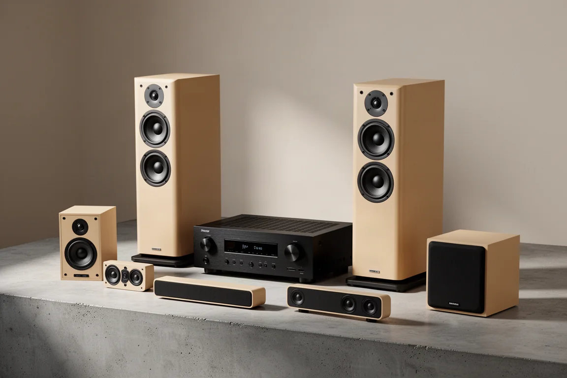 JBL MA710 receiver with Stage 2 tower, bookshelf, center, and subwoofer speakers on concrete