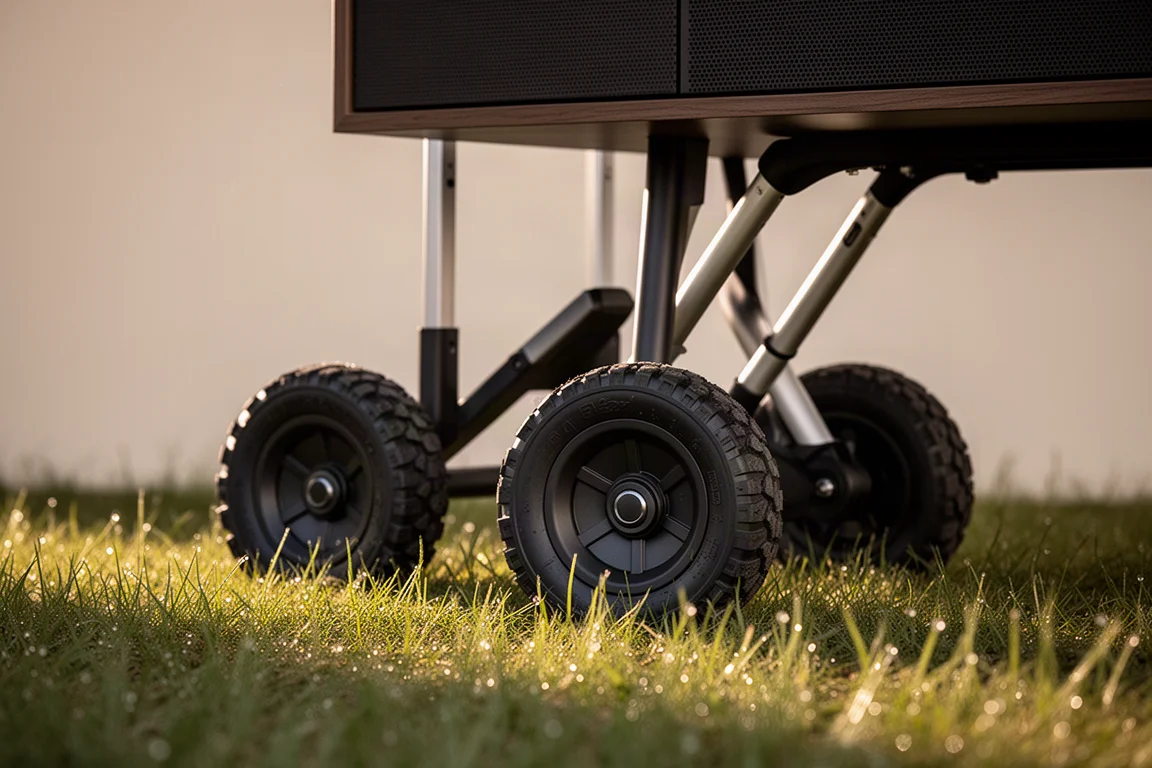 Brede rubberen wielen met profiel en uitgeschoven telescopische handgreep van een grote luidspreker op gras