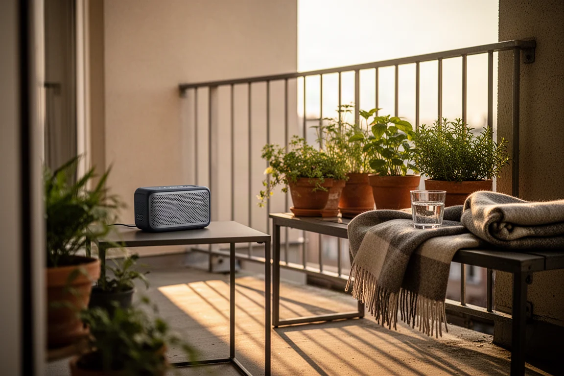 Compacte luidspreker op een balkontafel in een appartement tijdens het gouden uur met potplanten