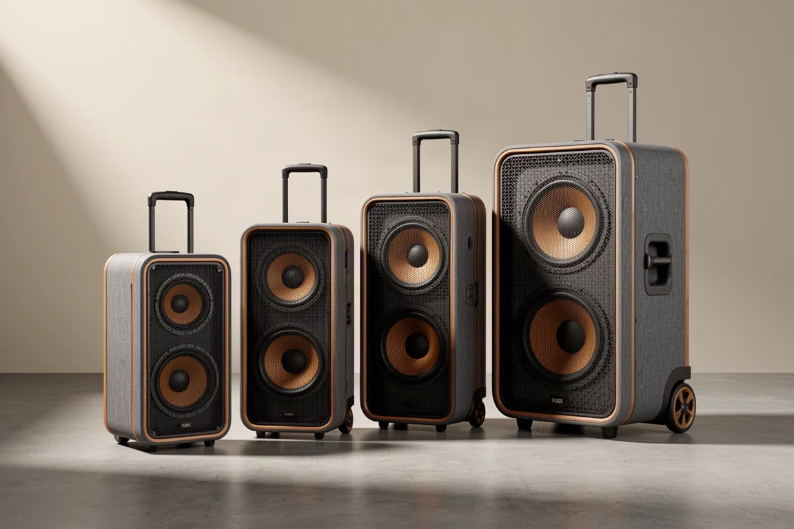 Four portable party speakers of different sizes lined up on a concrete floor