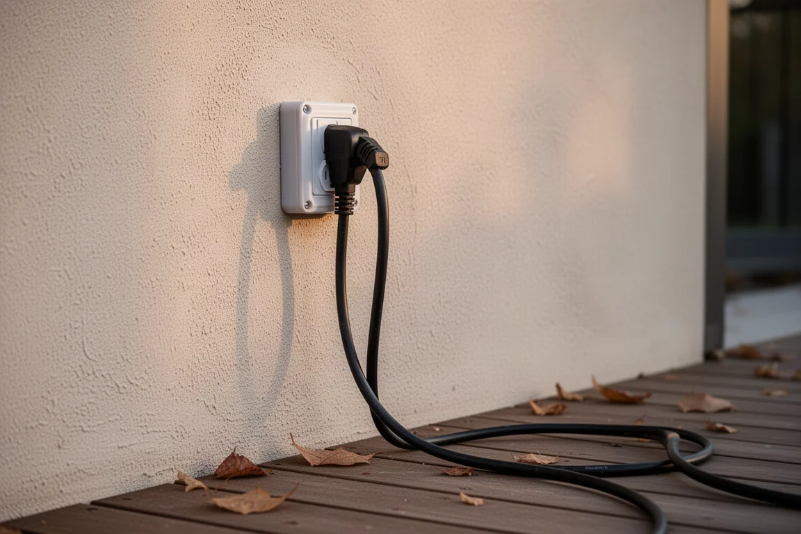 夕方の光の中で、頑丈な電源コードが木製デッキまで伸びる屋外の壁コンセント