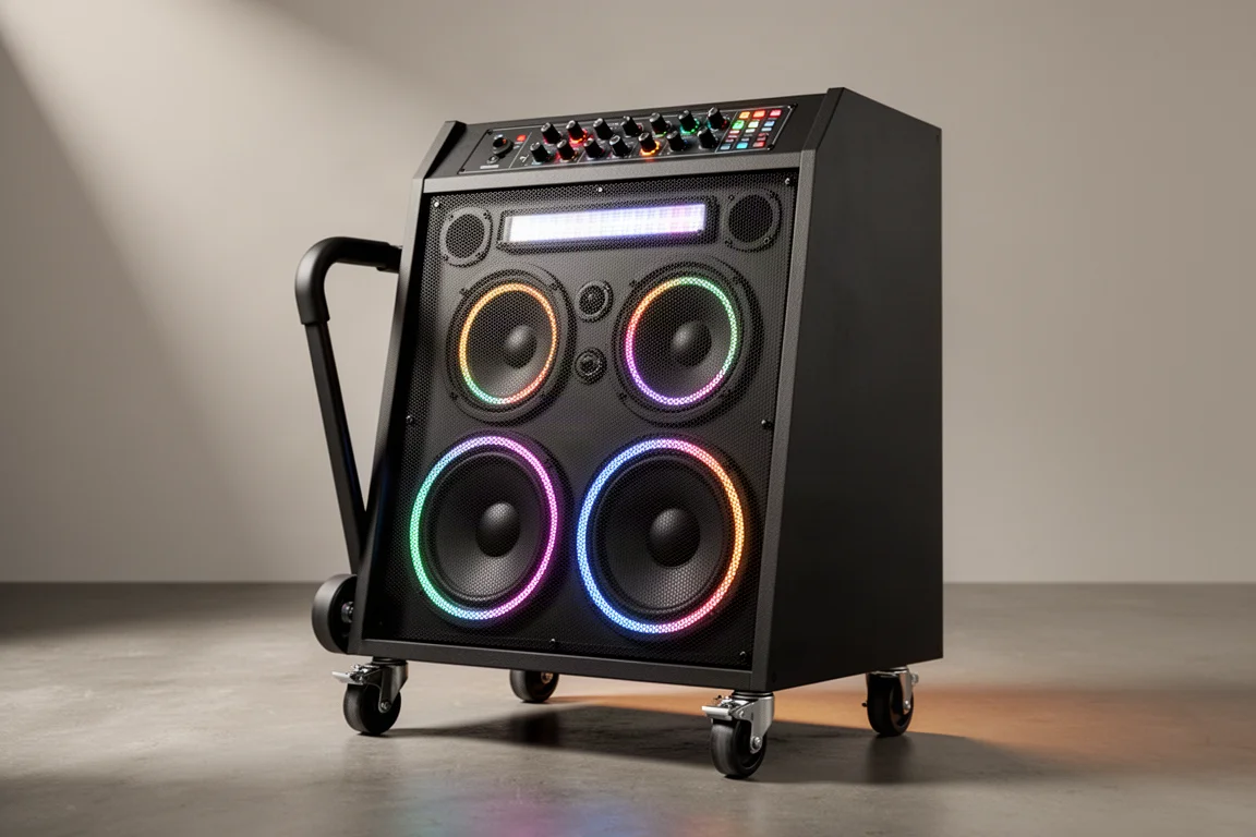 Large black party speaker on caster wheels with glowing woofer rings and top control dials