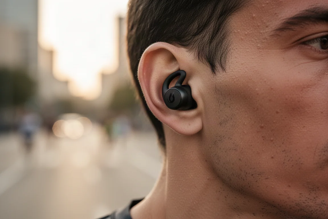 Corredor ajustándose un auricular inalámbrico antes de salir a la carretera