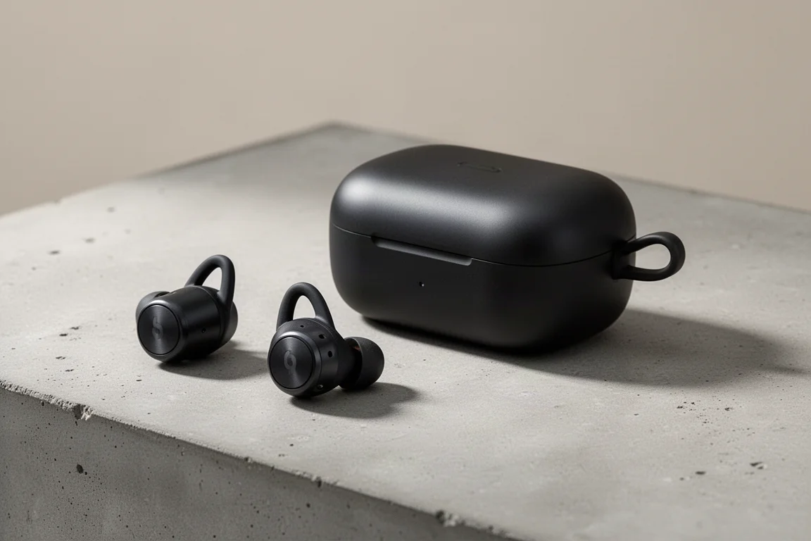 JBL Reflect Flow Pro sports earbuds with wing tips beside their charging case on concrete