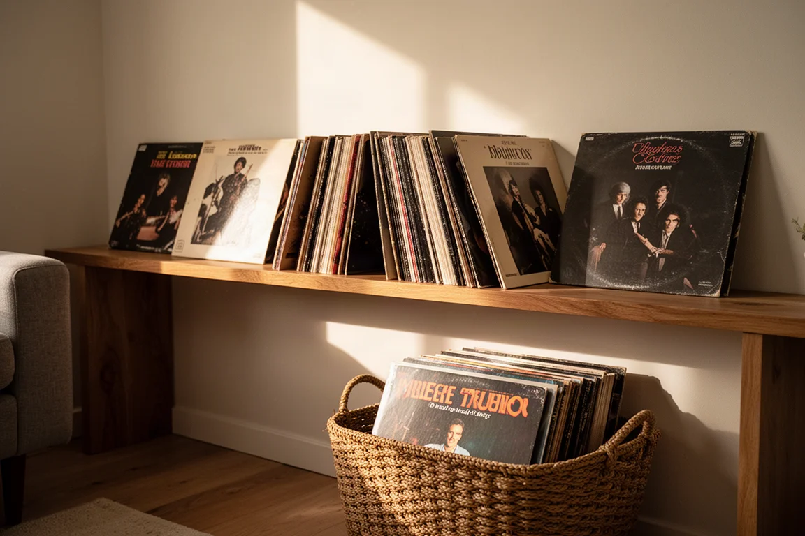 Sollyst vardagsrumshylla med en rad vinylskivor vars skivomslag är framåtlutade