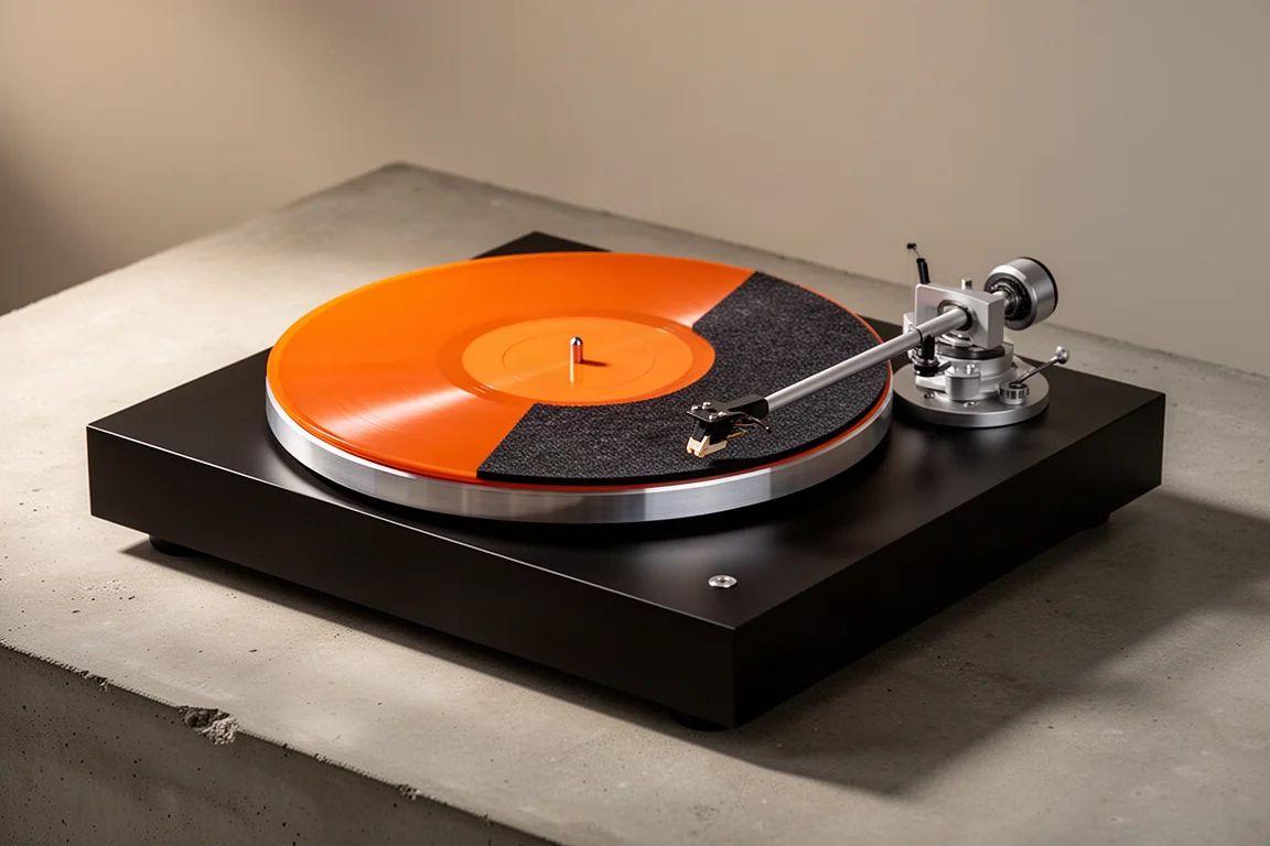 Belt-drive turntable with orange platter and J-shaped tonearm on a concrete surface