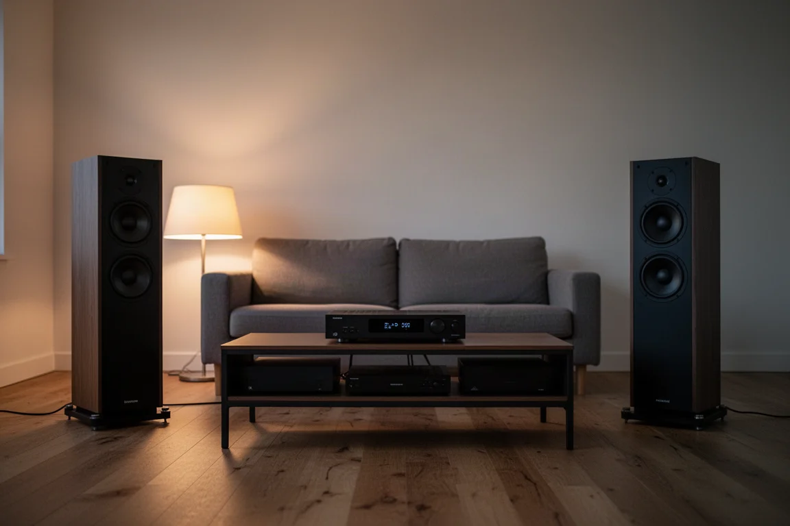 Rincón de escucha en un salón con altavoces de torre y mueble multimedia al atardecer