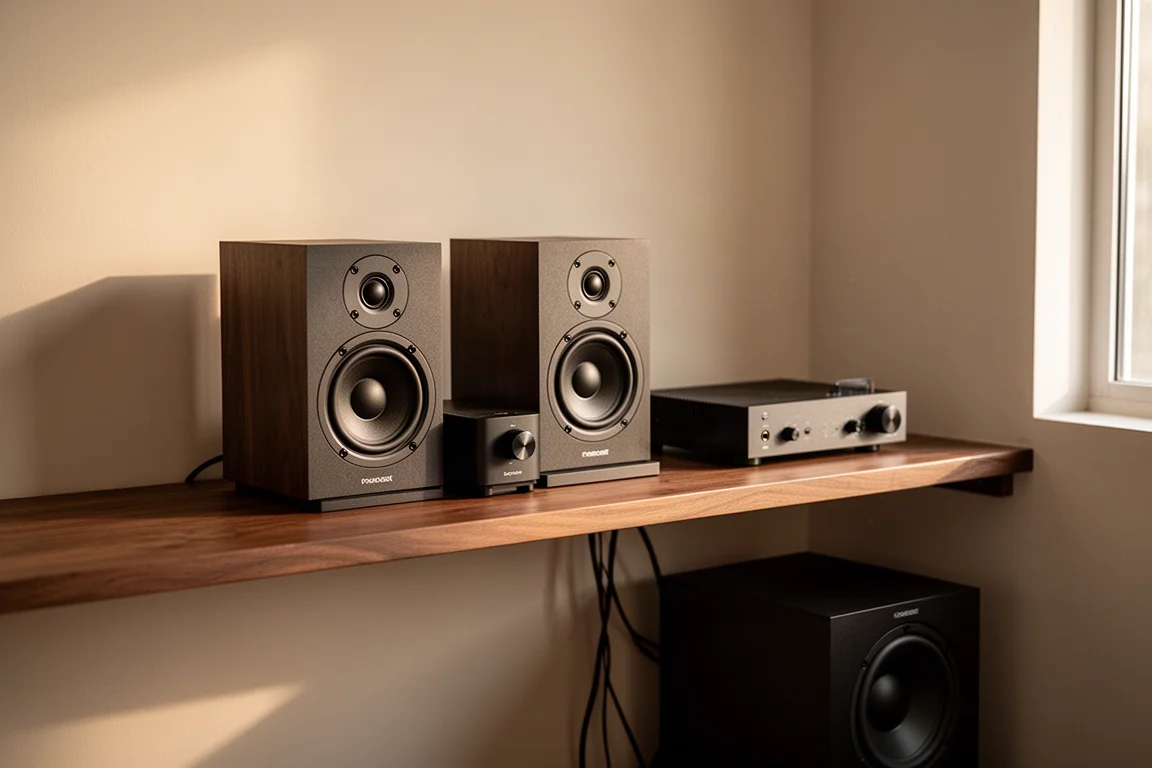Altavoces compactos de estantería sobre un estante de madera con amplificador y subwoofer