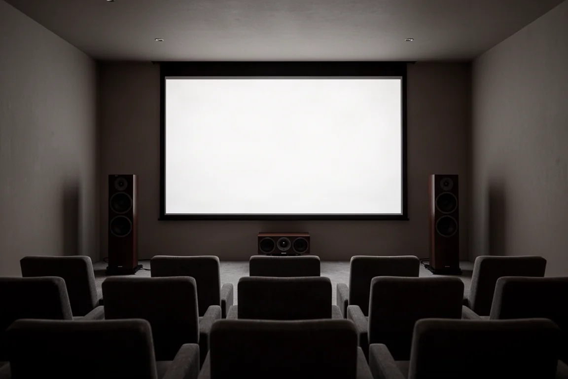 Sala de cine en casa con poca luz, pantalla y altavoces de torre a cada lado