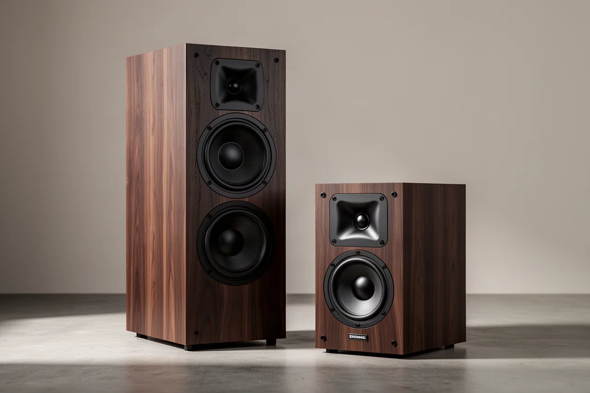 JBL Stage 2 floorstanding and bookshelf speakers side by side on a concrete floor