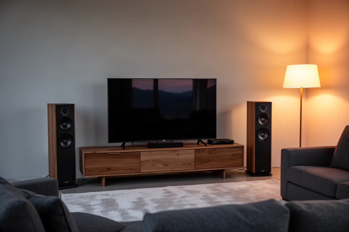 Soggiorno moderno al crepuscolo con un televisore e diffusori da pavimento ai due lati