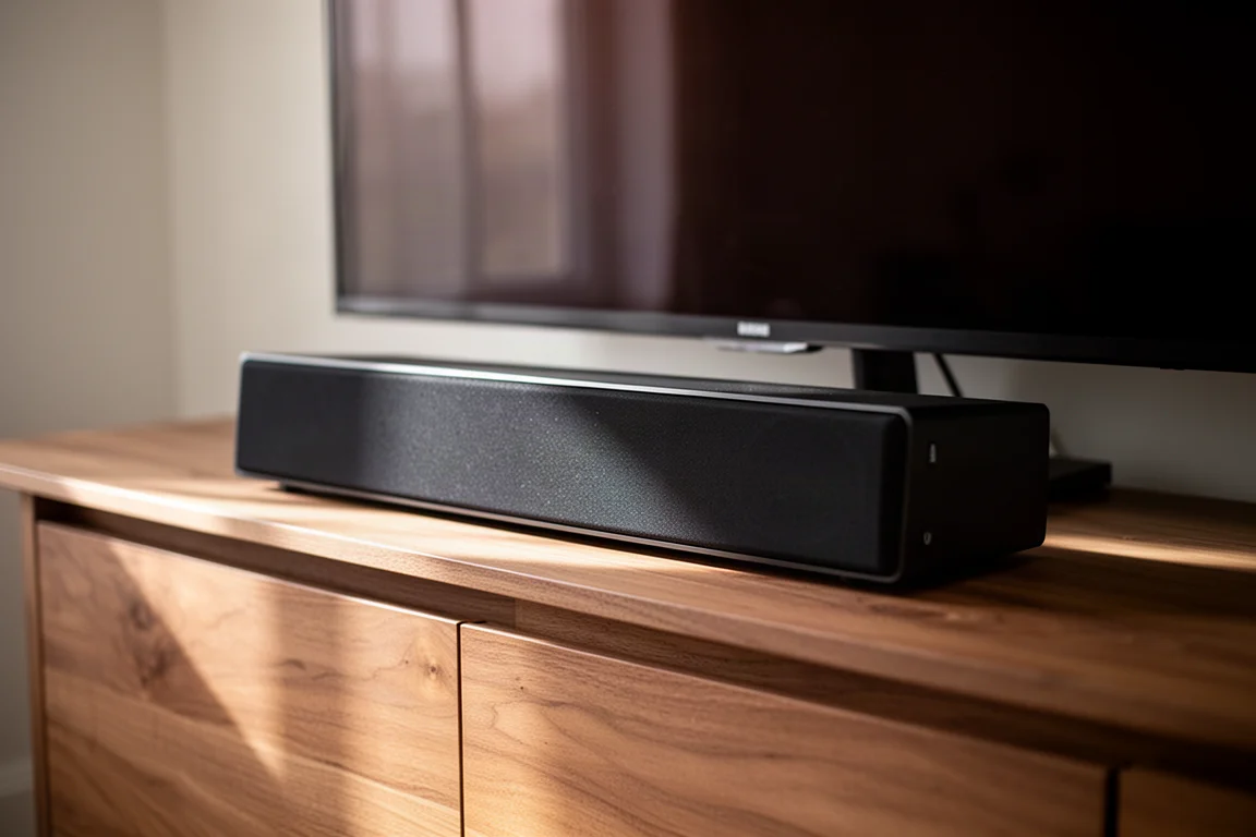 Primo piano di un diffusore centrale sul bordo anteriore di un mobile TV