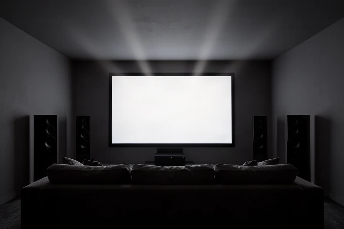 Sala home theater in penombra con luce diffusa che suggerisce un surround a soffitto